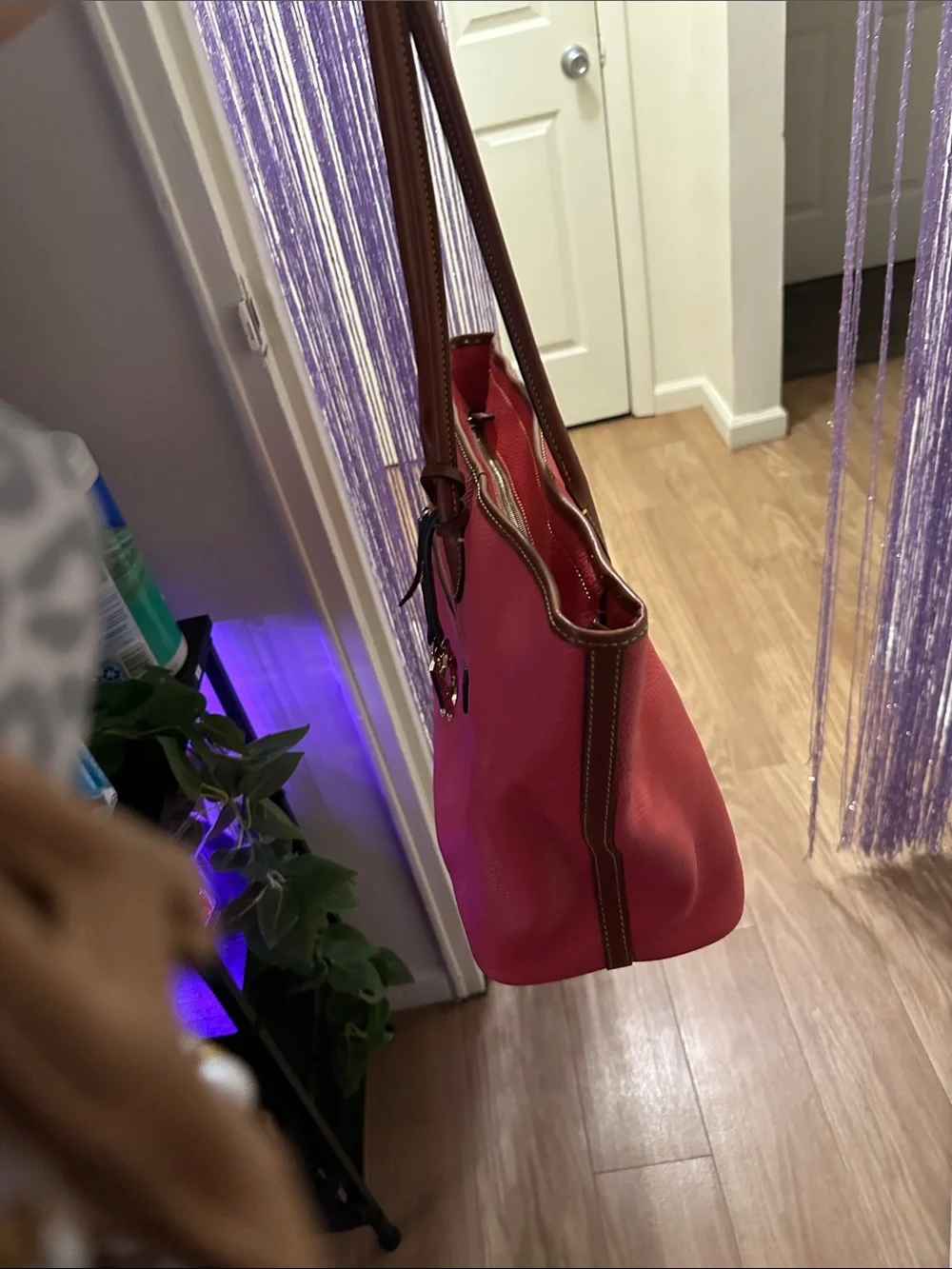 Dooney & Bourke Coral Peach Tote with Brown Trim and Leather Straps